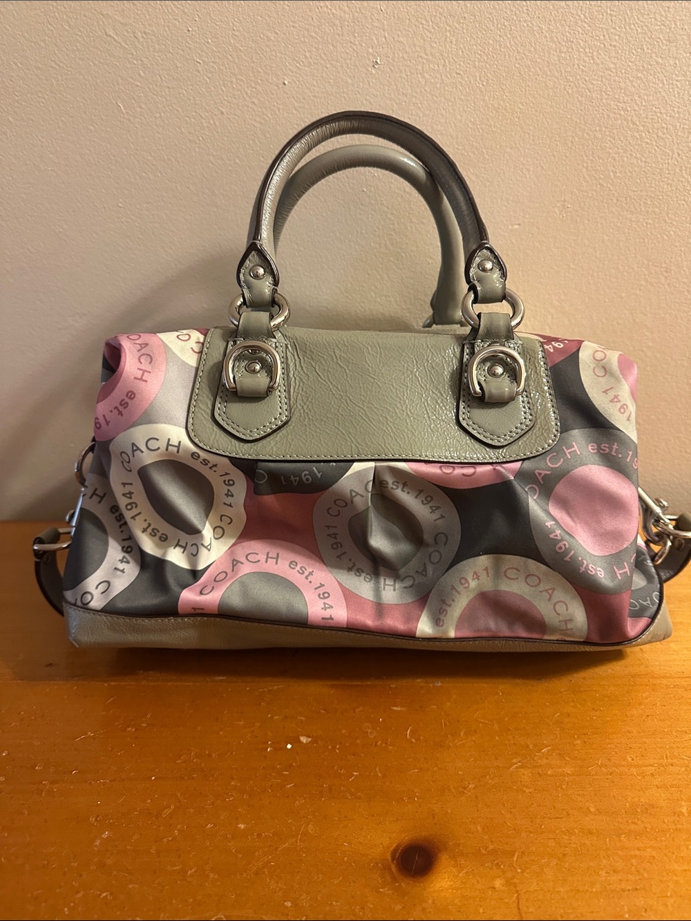 Coach Gray Satchel with Pink and Gray Circle Print - Picture 3 of 6